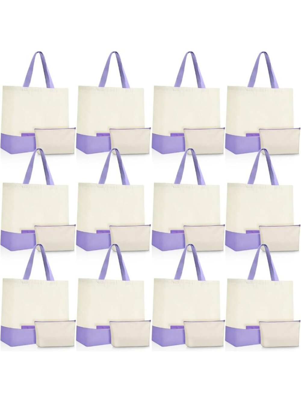 24 Pcs Reusable Canvas Tote Bags, 18.5", Stylish Beige & Light Purple Set